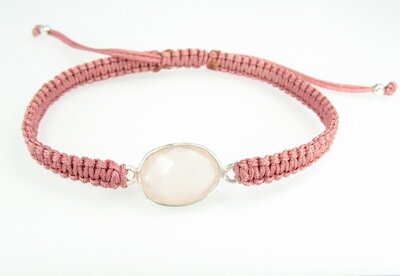 AnnS Schmuck Makramee-Armband rosa, Rosenquarz oval M, Silber